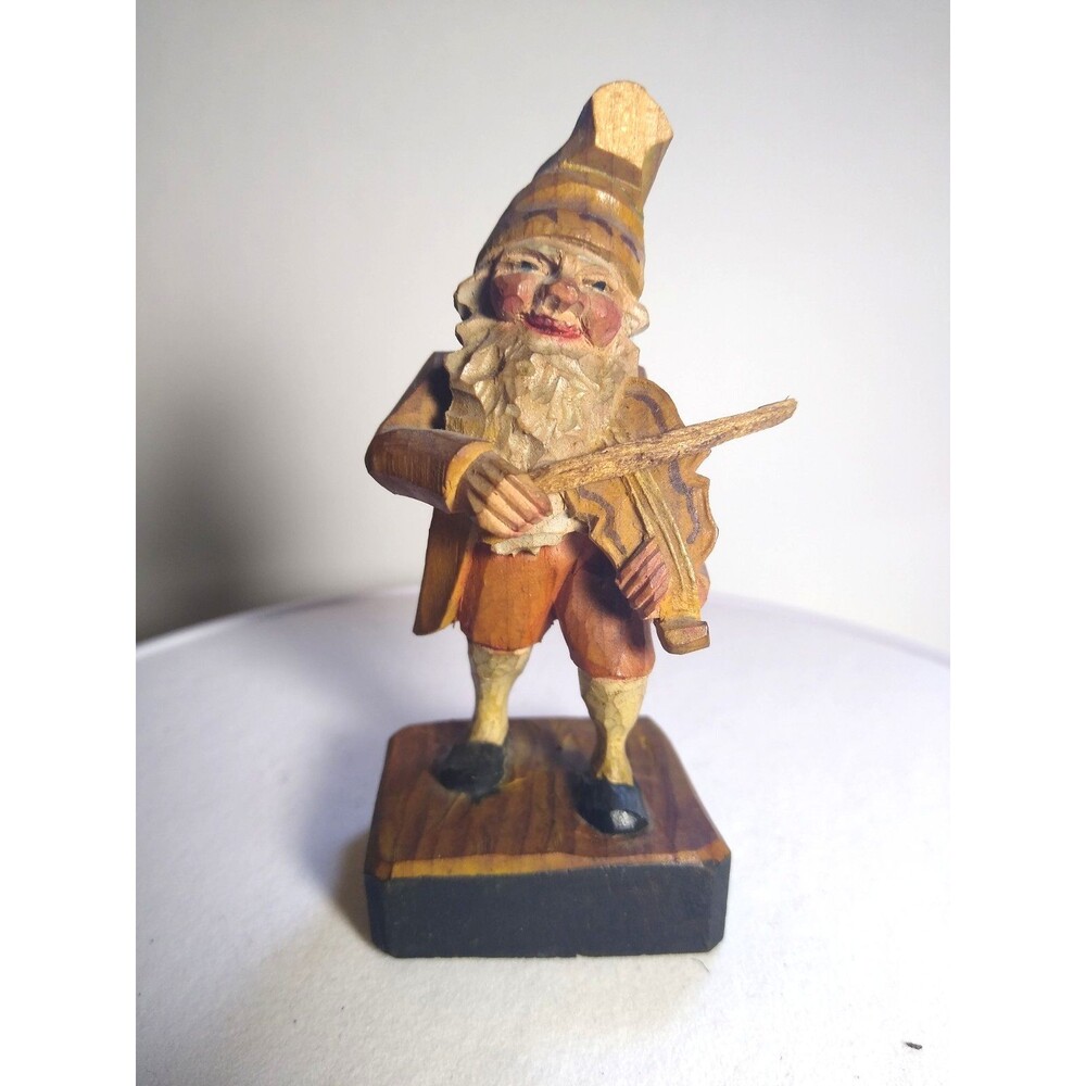 ANRI Vintage Wood Figurine Gnome Musician Hand-Carved Painted Folk Art Kitsch